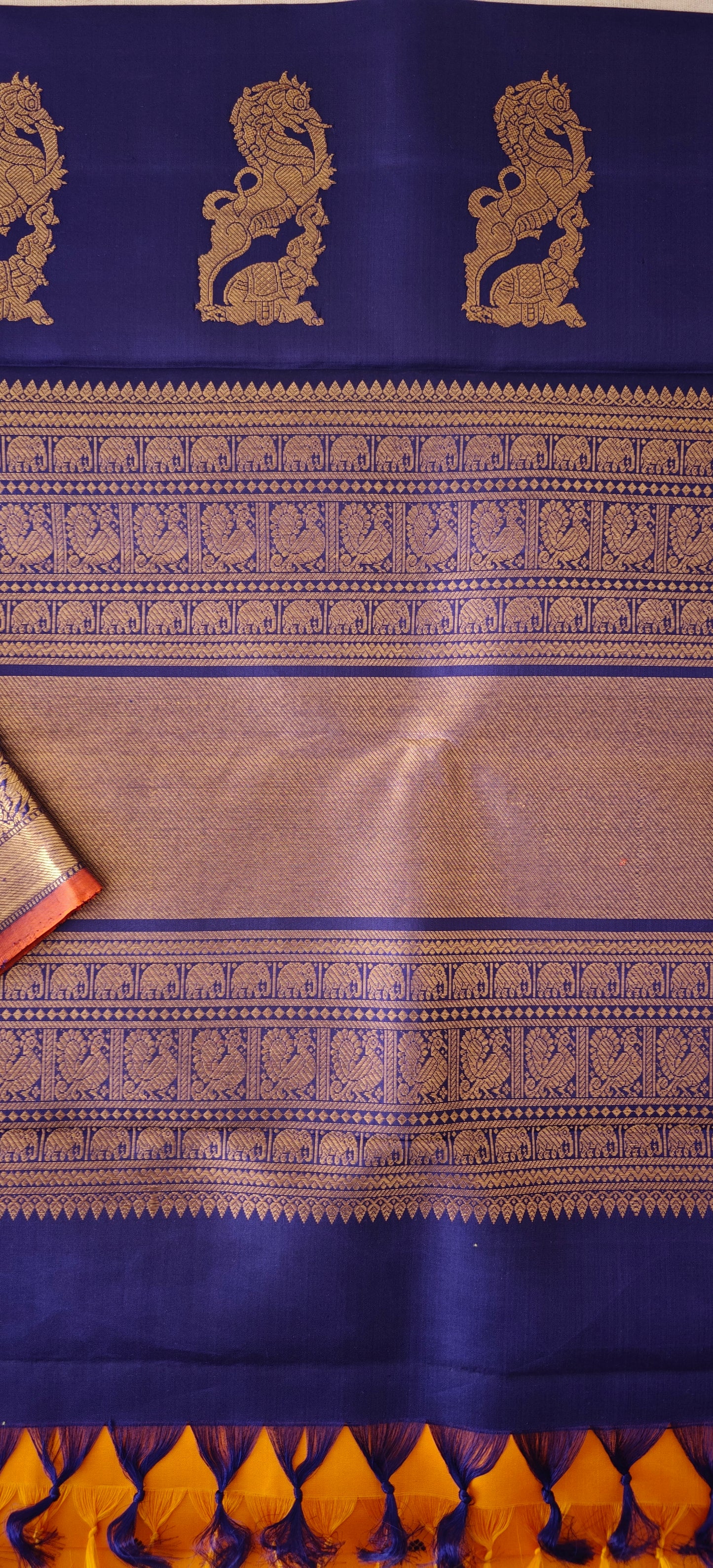 Mustard Yellow and Blue Kanjivaram silk saree