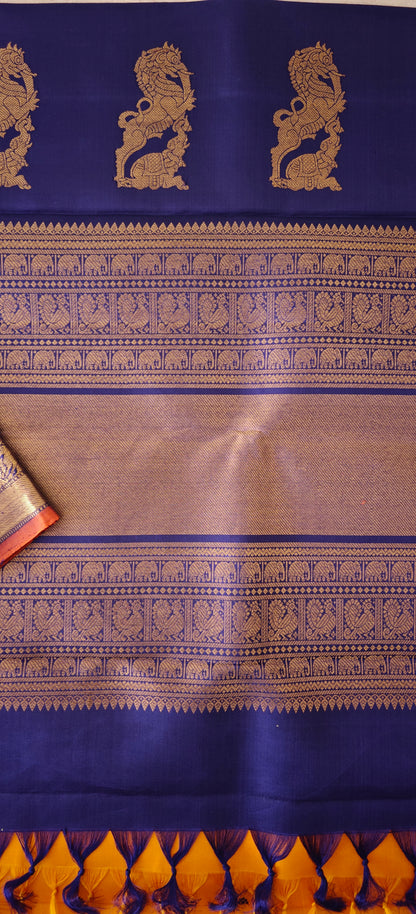 Mustard Yellow and Blue Kanjivaram silk saree