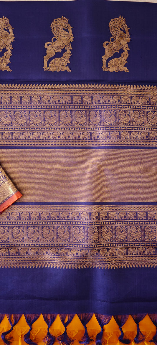 Mustard Yellow and Blue Kanjivaram silk saree