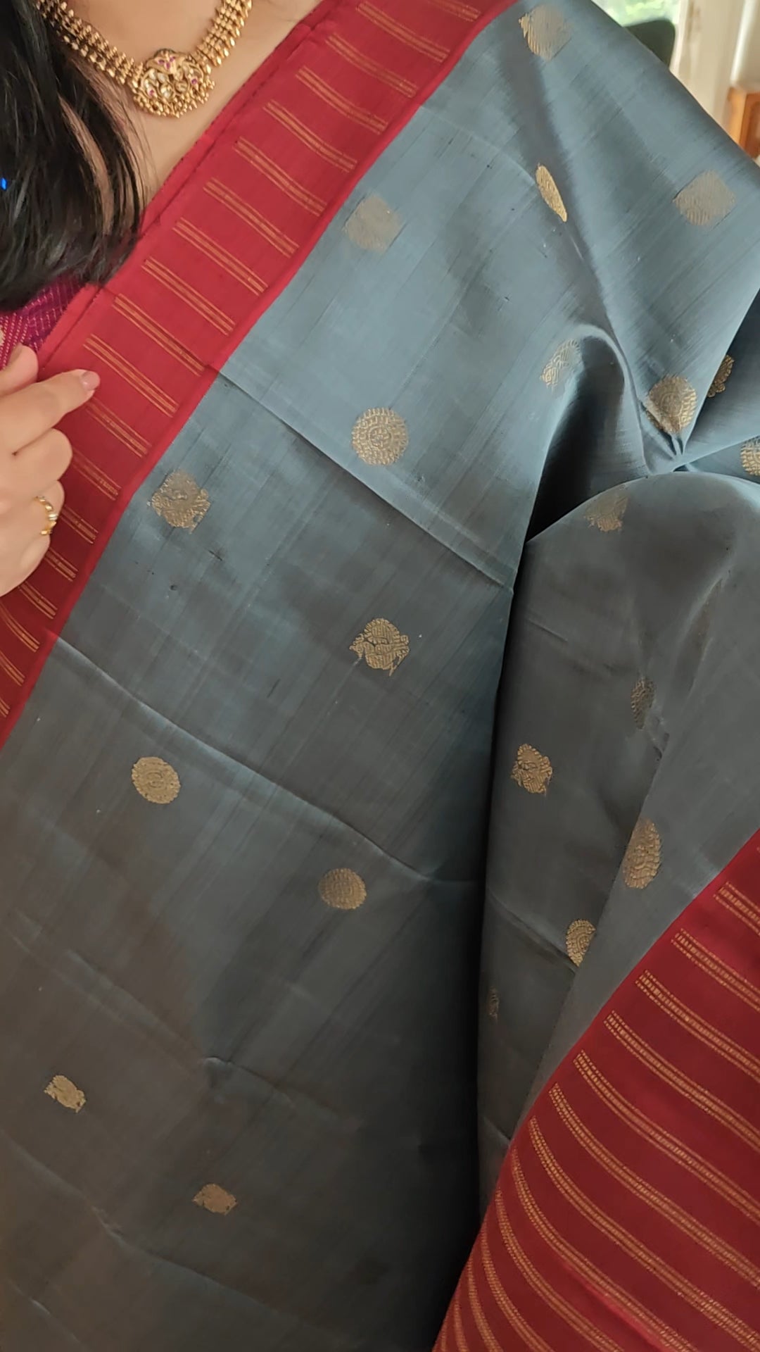 Grey and Maroon Kanjivaram silk saree