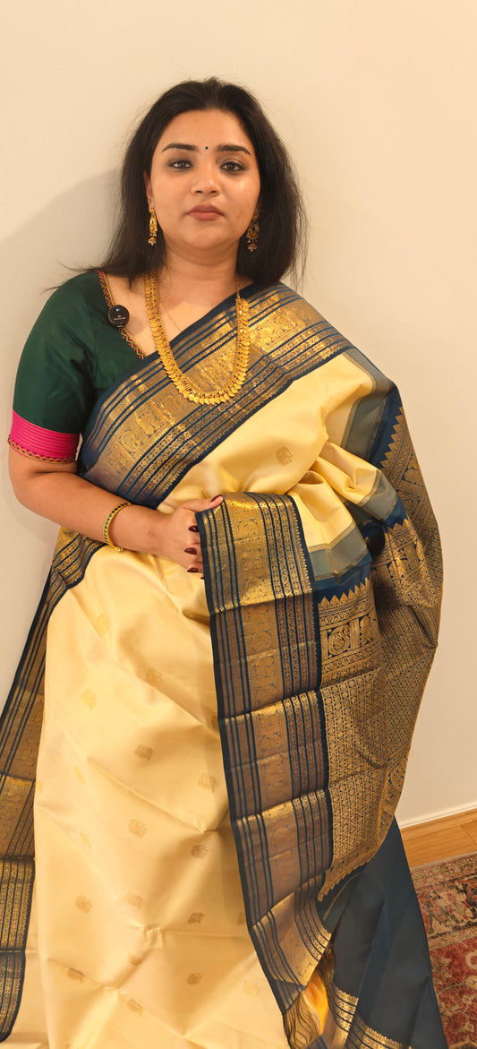 Cream and Blue Korvai Kanjivaram