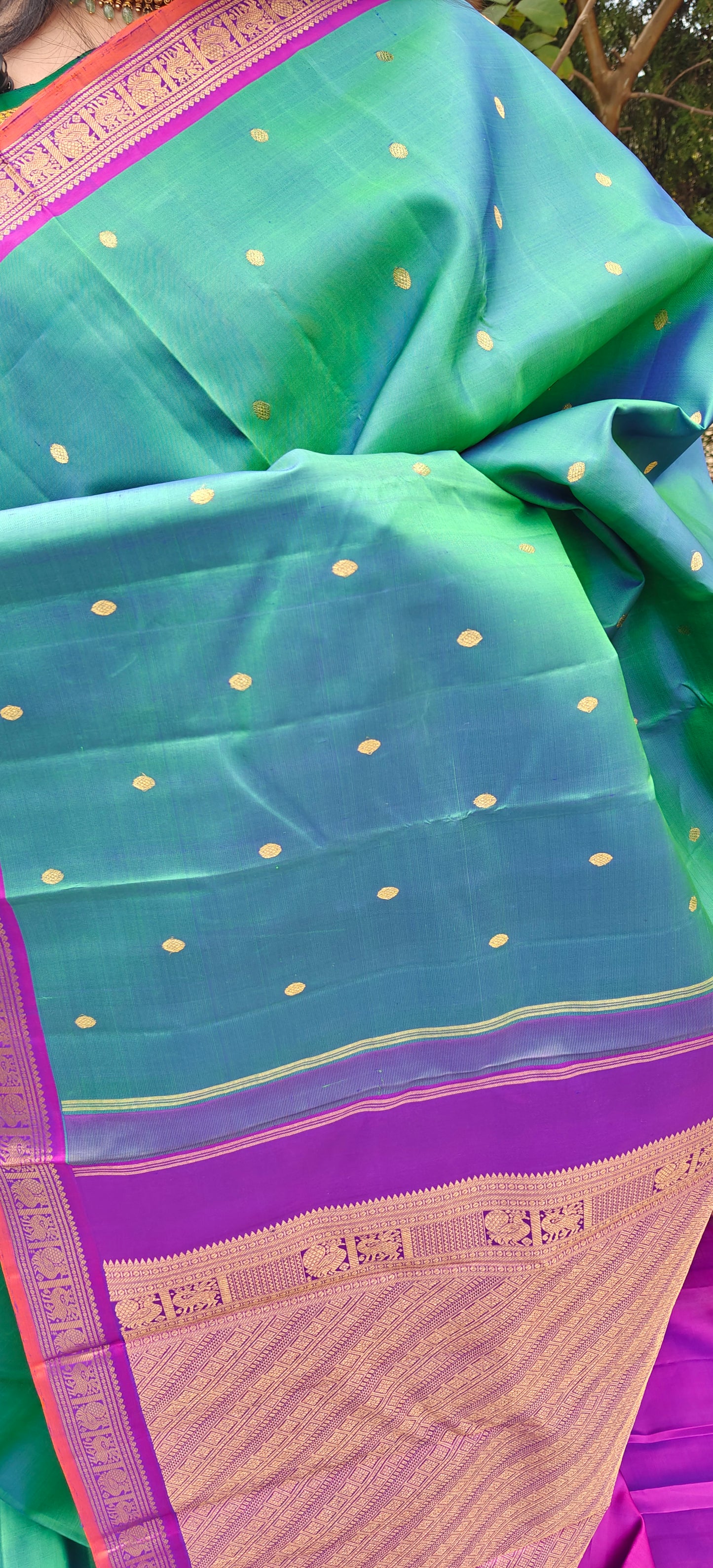 Pre Order:Peacock Green and Violet- Kanjivaram Silk Saree