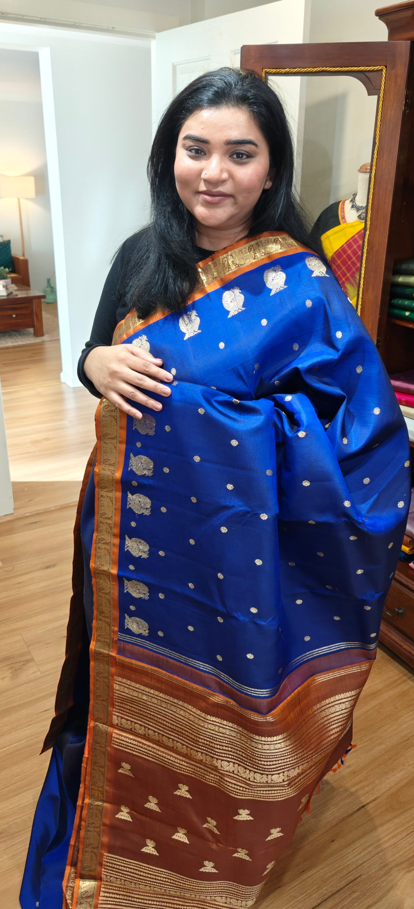 Ink blue and Rust kanjivaram silk saree
