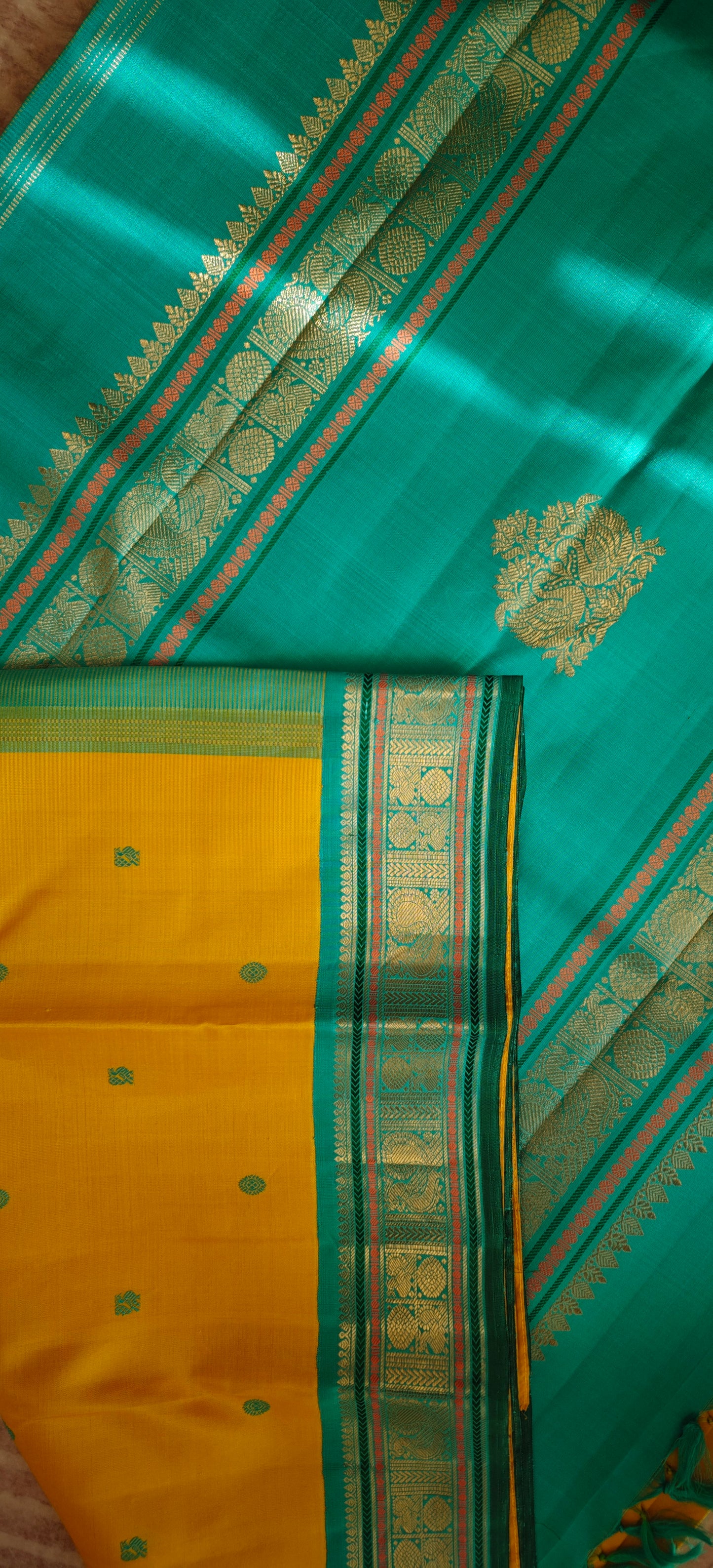 Yellow and Teal blue kanjivaram silk saree