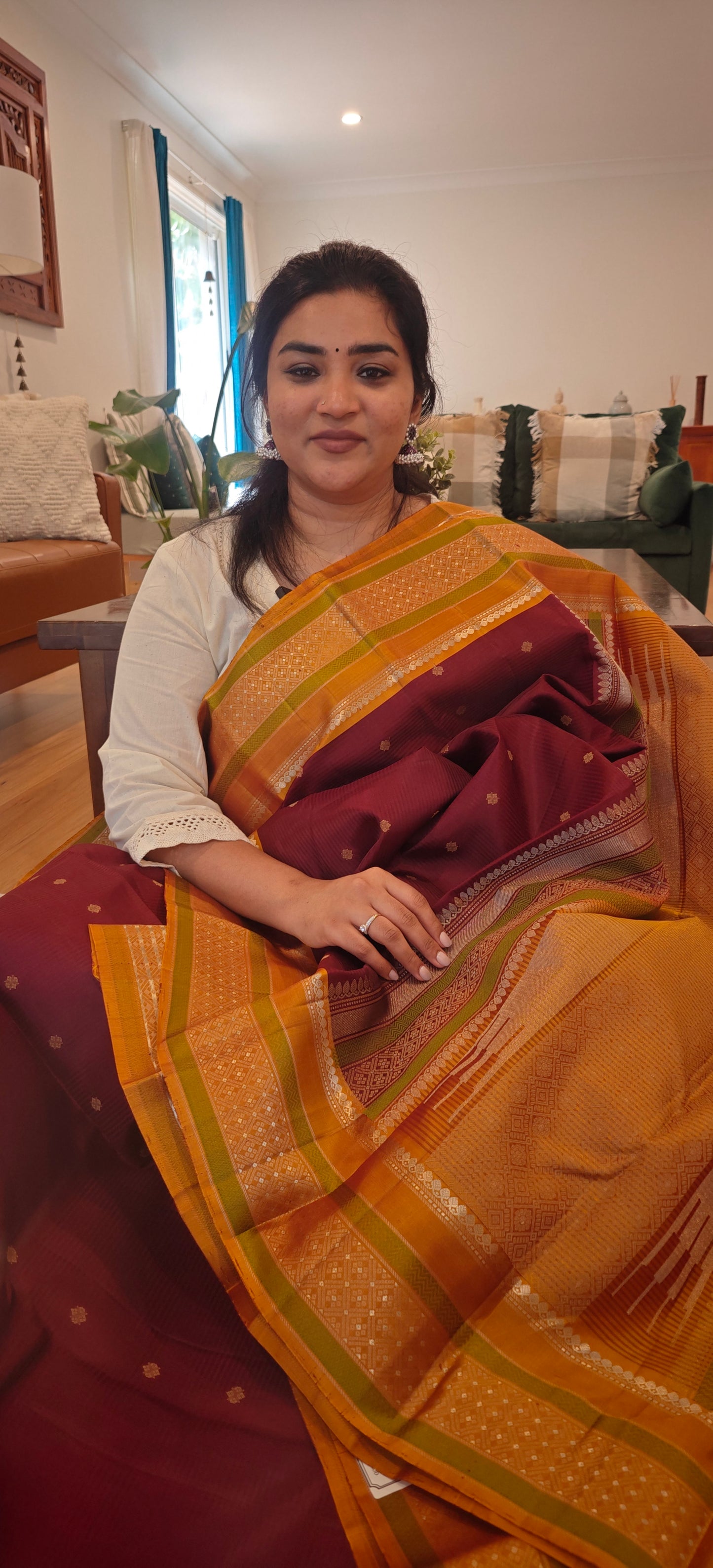 Maroon and Mustard No Zarikanjivaram silk saree