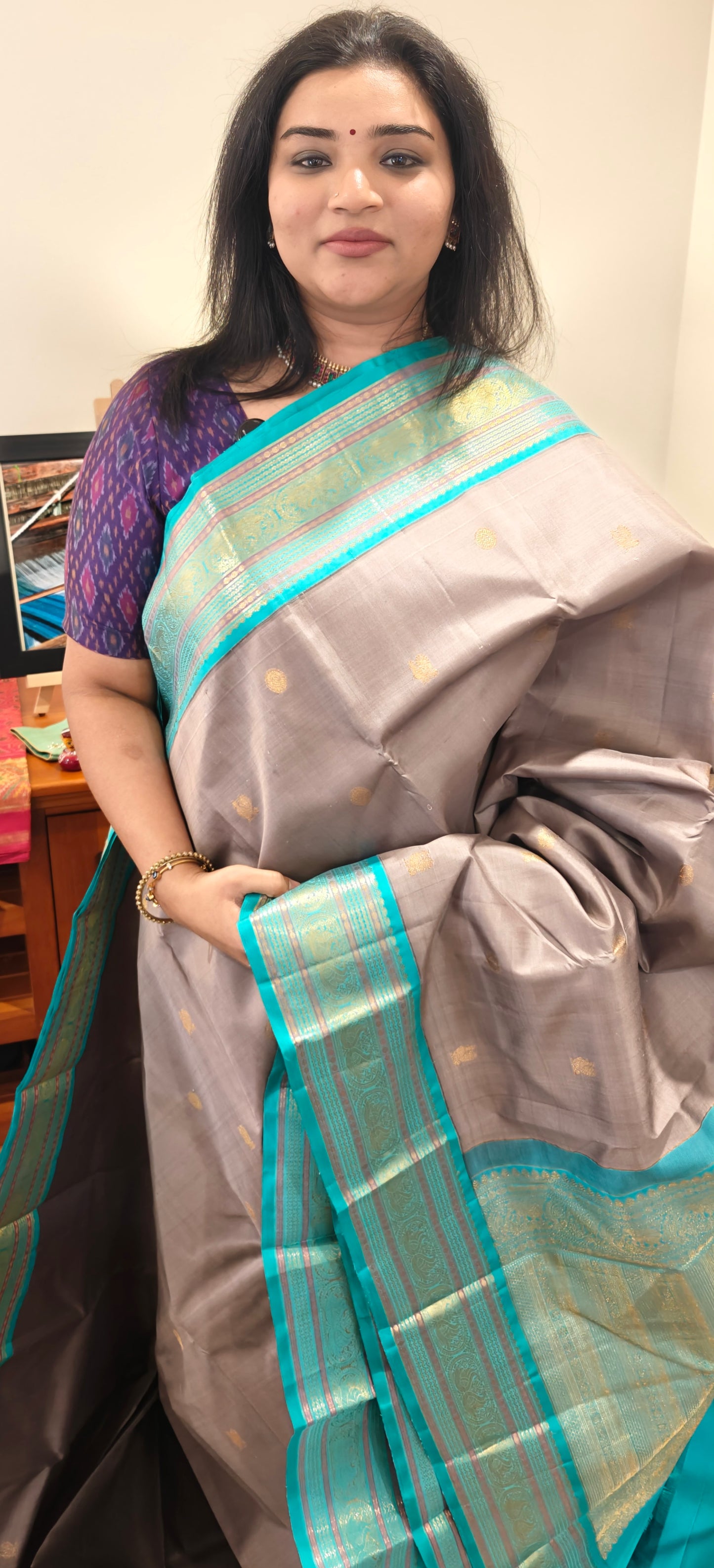 Grey and Turquoise Kanjivaram Silk Sari