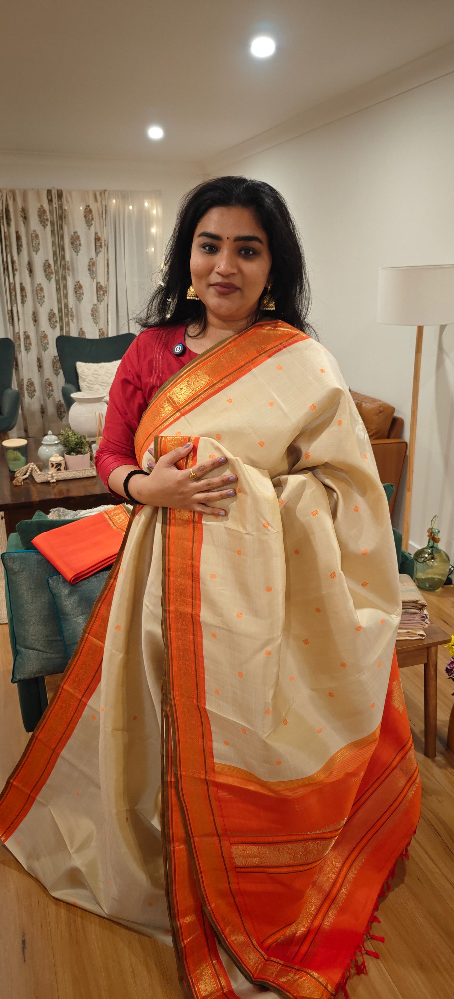 Cream and Orange kanjivaram silk saree