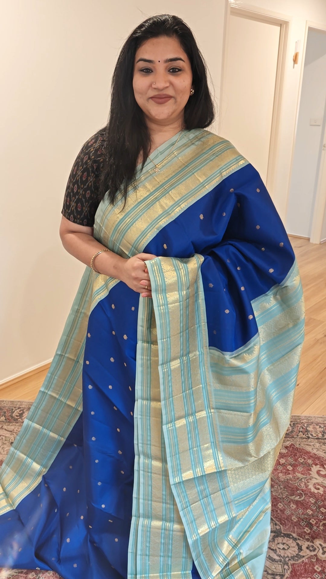 Ink blue and Sky Blue - Handwoven Kanjivaram silk sari