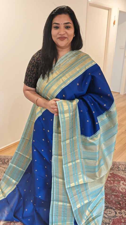 Ink blue and Sky Blue - Handwoven Kanjivaram silk sari