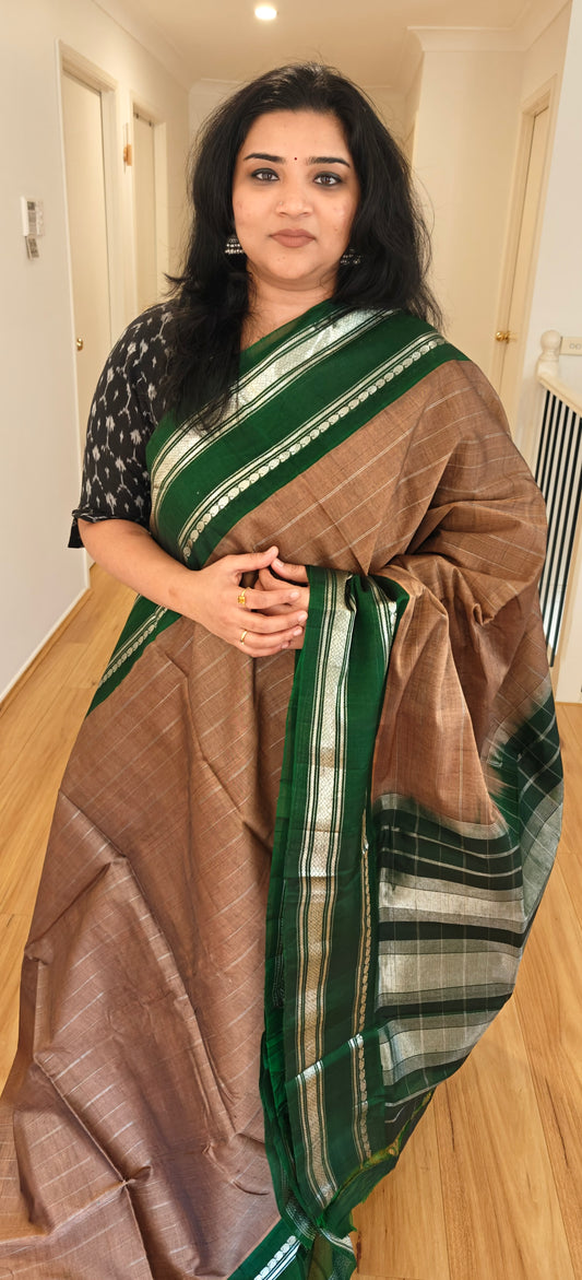 Brown and Green Silk Cotton Gadwal saree