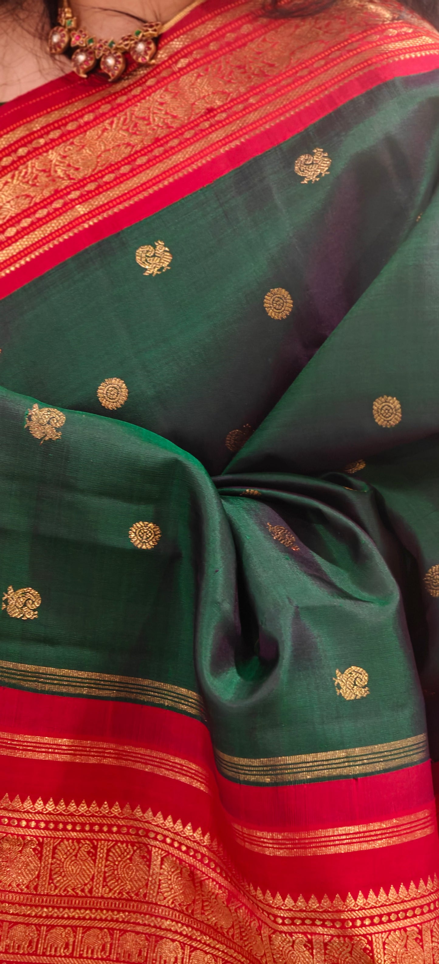 Peacock green with Kumkum red kanjivaram silk saree