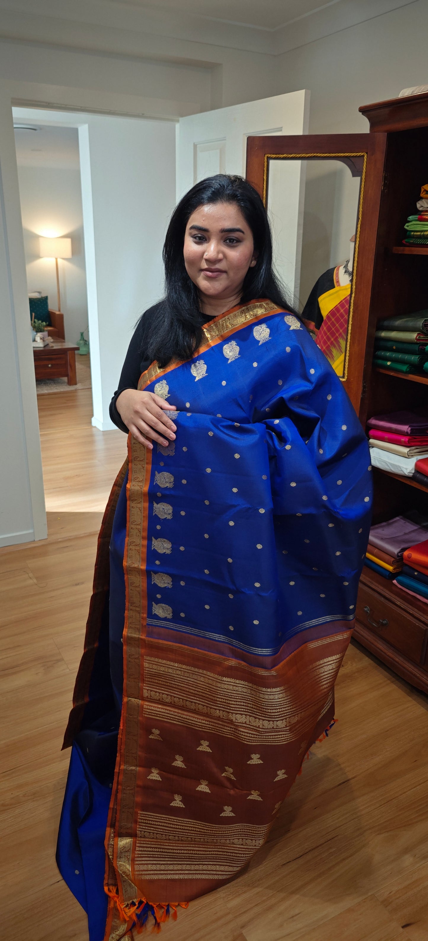 Ink blue and Rust kanjivaram silk saree