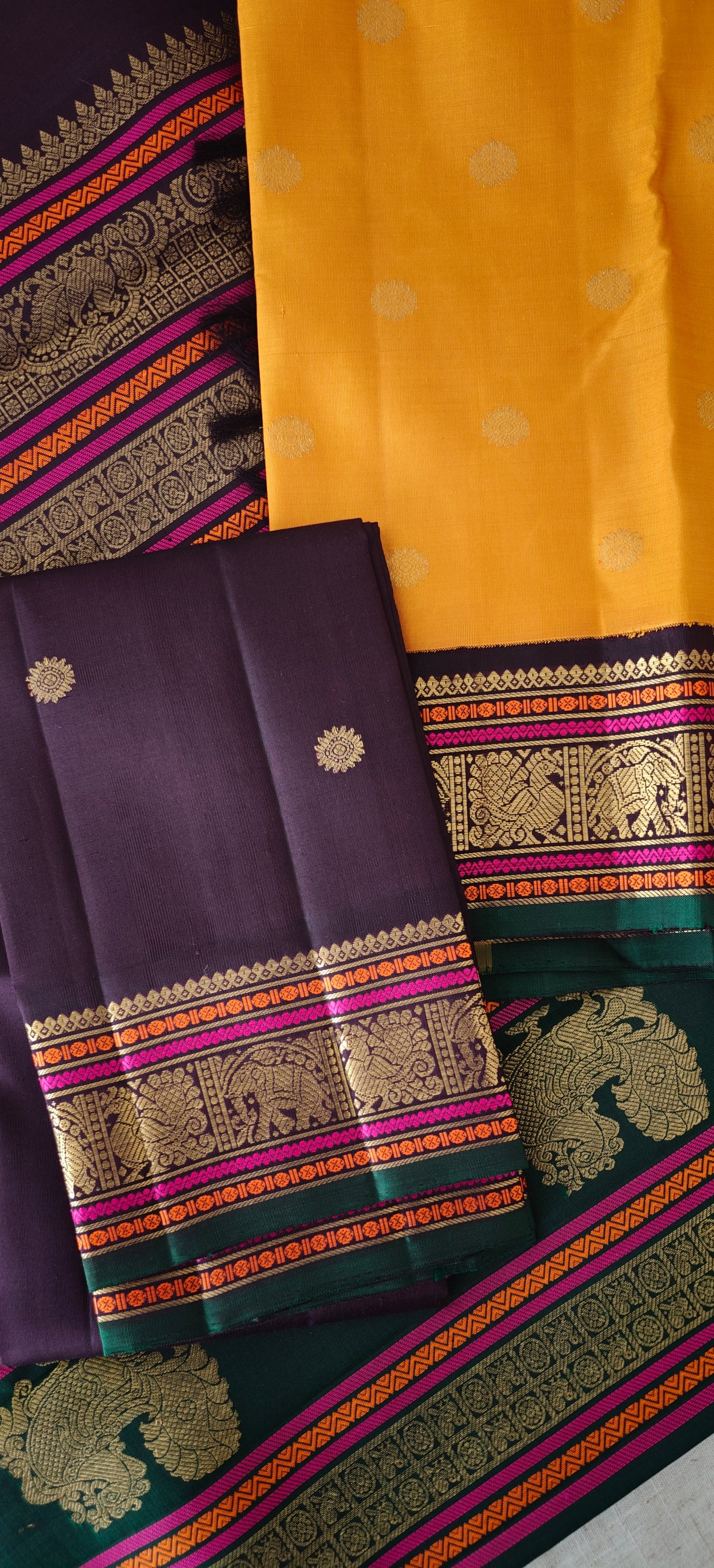 Mustard ,Green and Brown double  pallu Kanjivaram silk saree