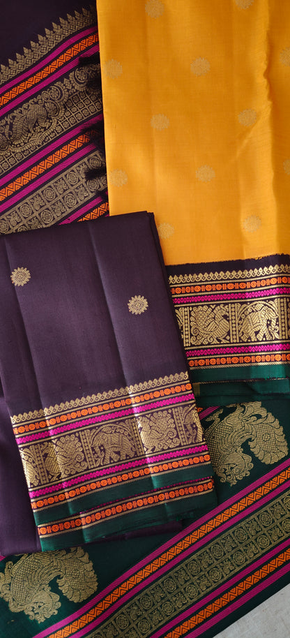 Mustard ,Green and Brown double  pallu Kanjivaram silk saree