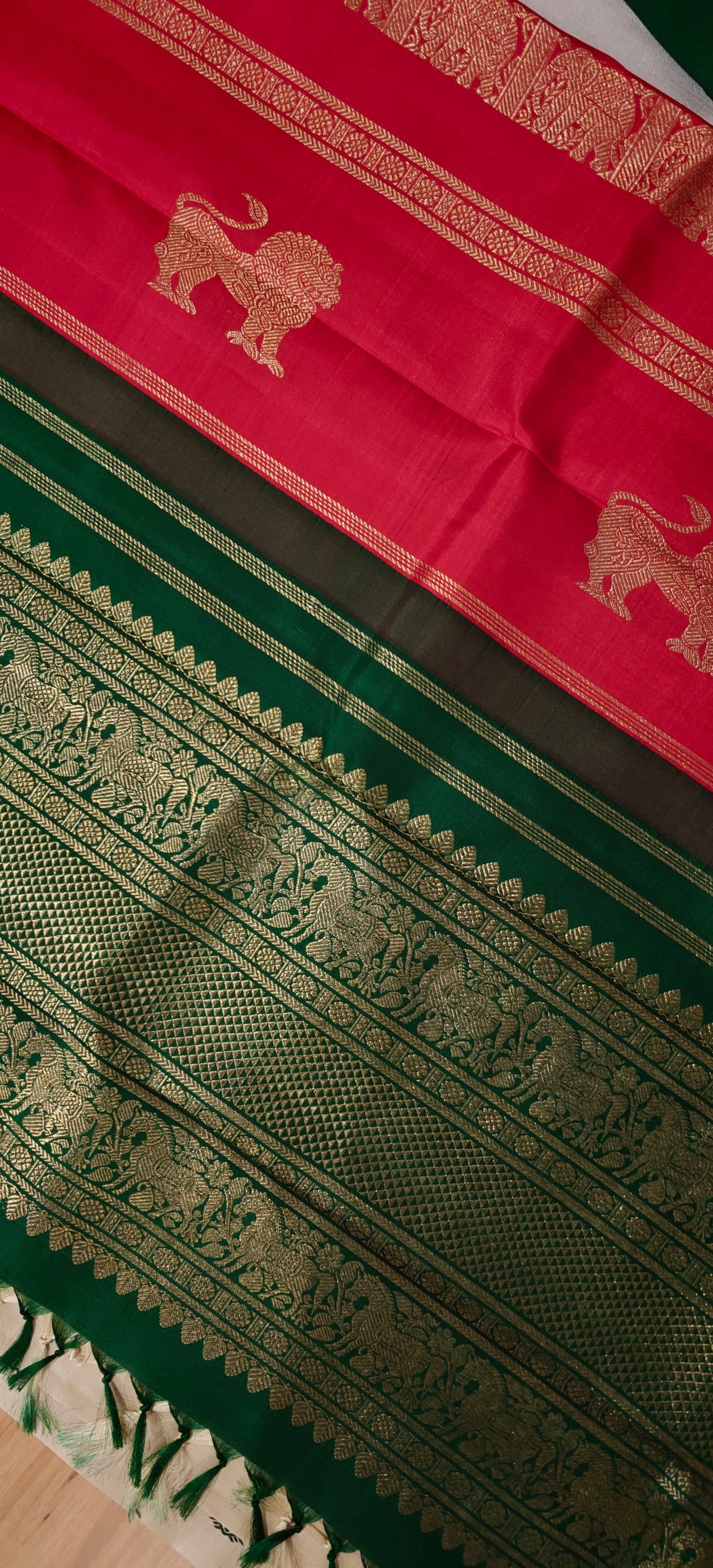 Cream with green and red kanjivaram silk saree