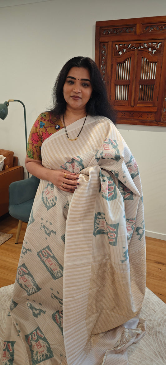 Ikkat on Kanjivaram in cream