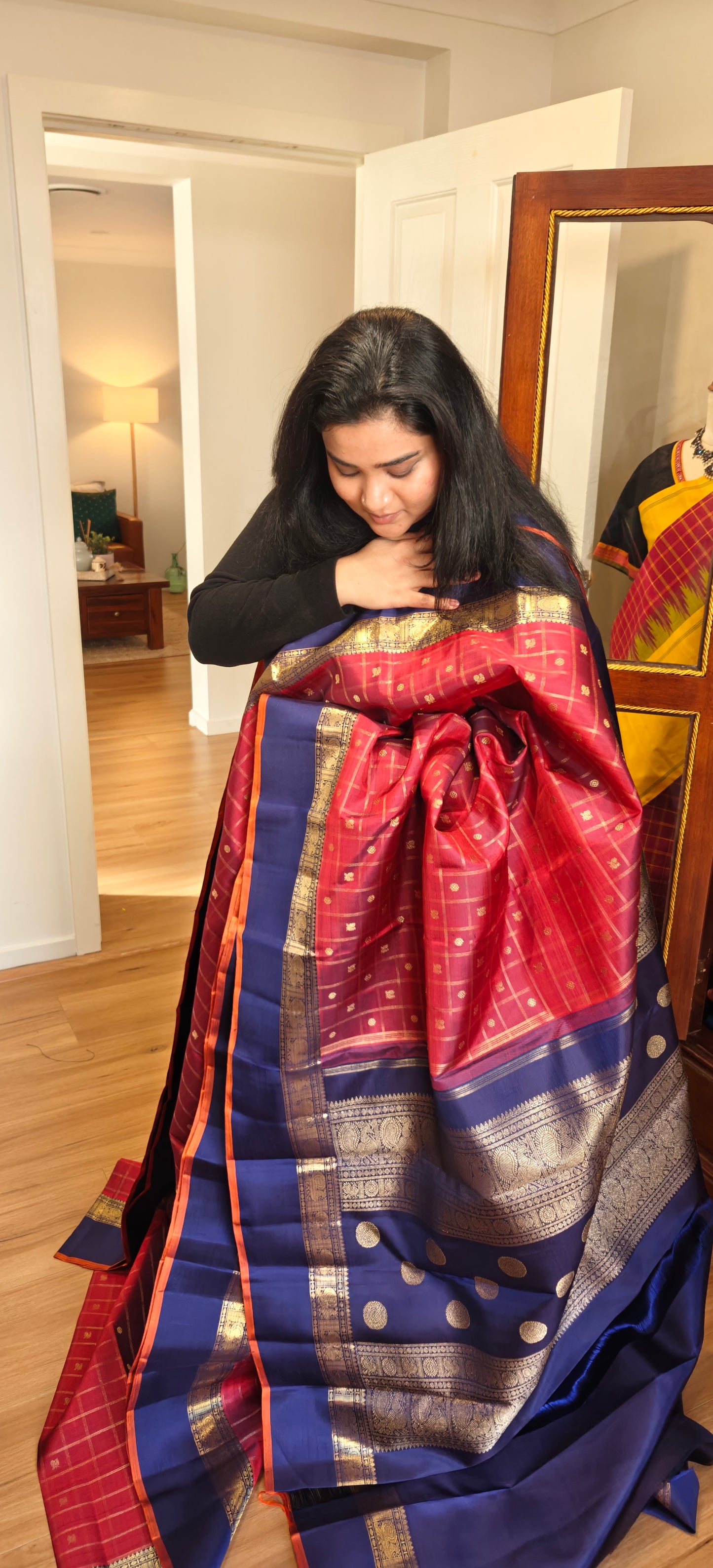 Maroon and navy blue kanjivaram silk saree