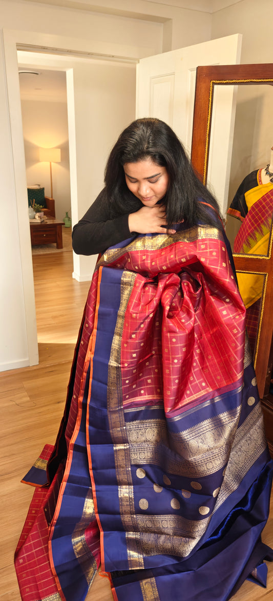 Maroon and navy blue kanjivaram silk saree