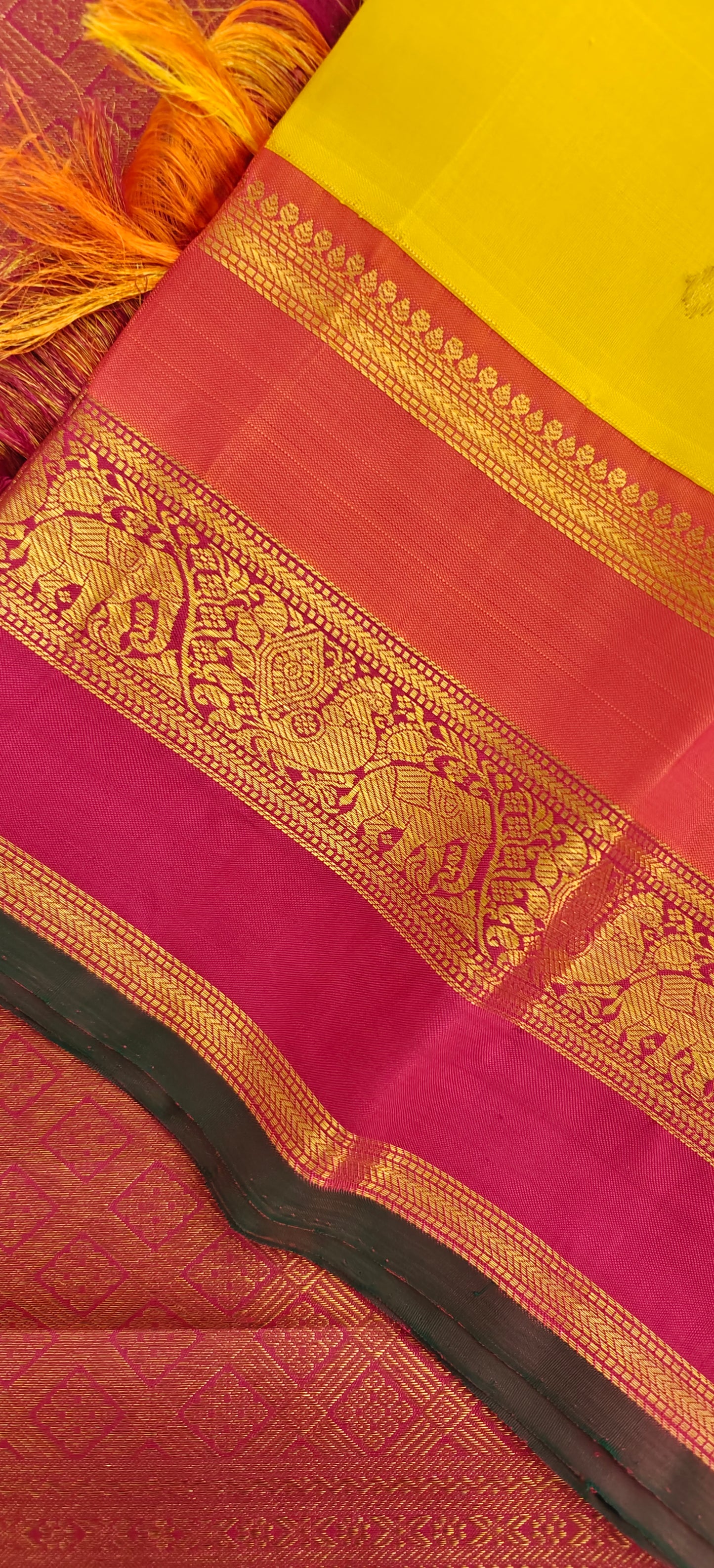 Yellow with orange and pink korvai -Kanjivaram Silk Saree