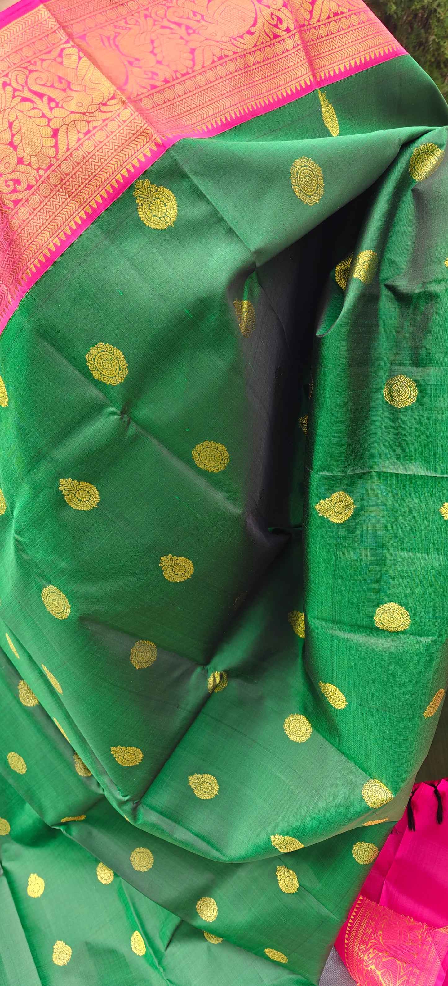 Emerald Green and Rose Pink korvai -Kanjivaram Silk Saree