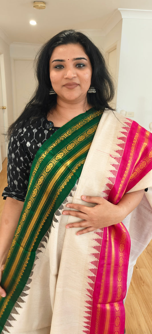 Cream with Green and Pink Silk Cotton Gadwal saree