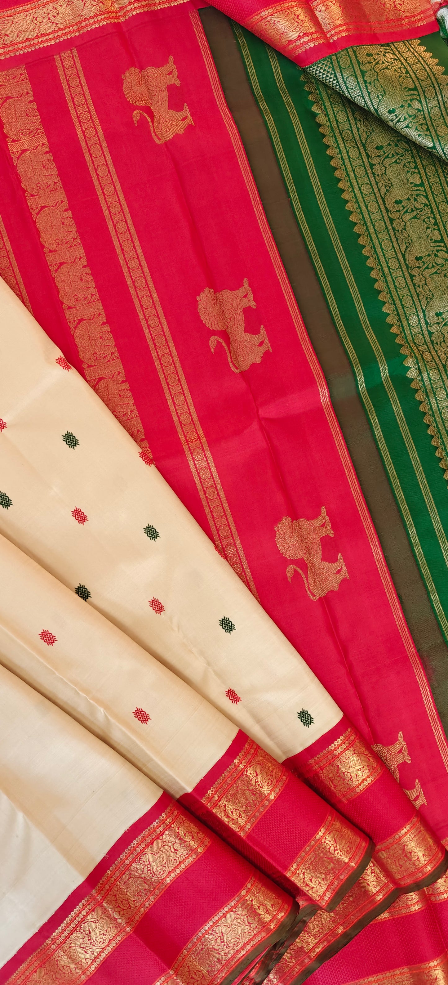 Cream with green and red kanjivaram silk saree