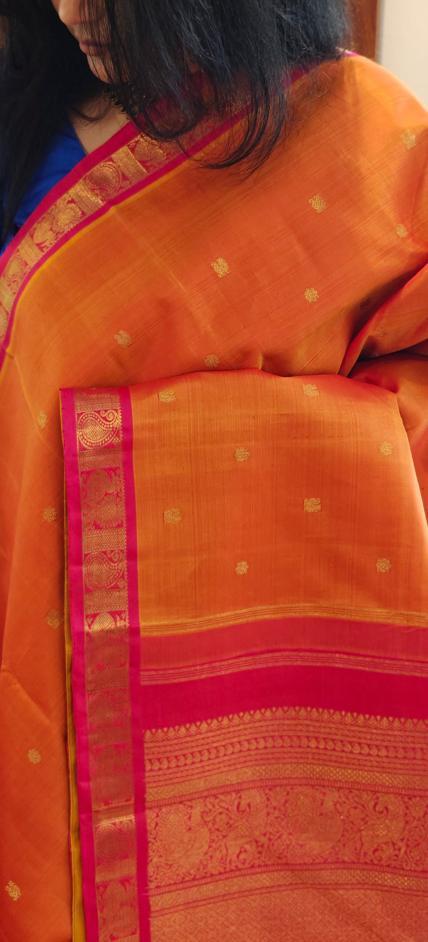 Kesar Orange and Rani Pink Handwoven Kanjivaram Silk Sari