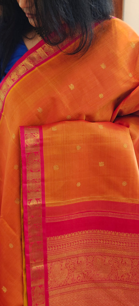 Kesar Orange and Rani Pink Handwoven Kanjivaram Silk Sari