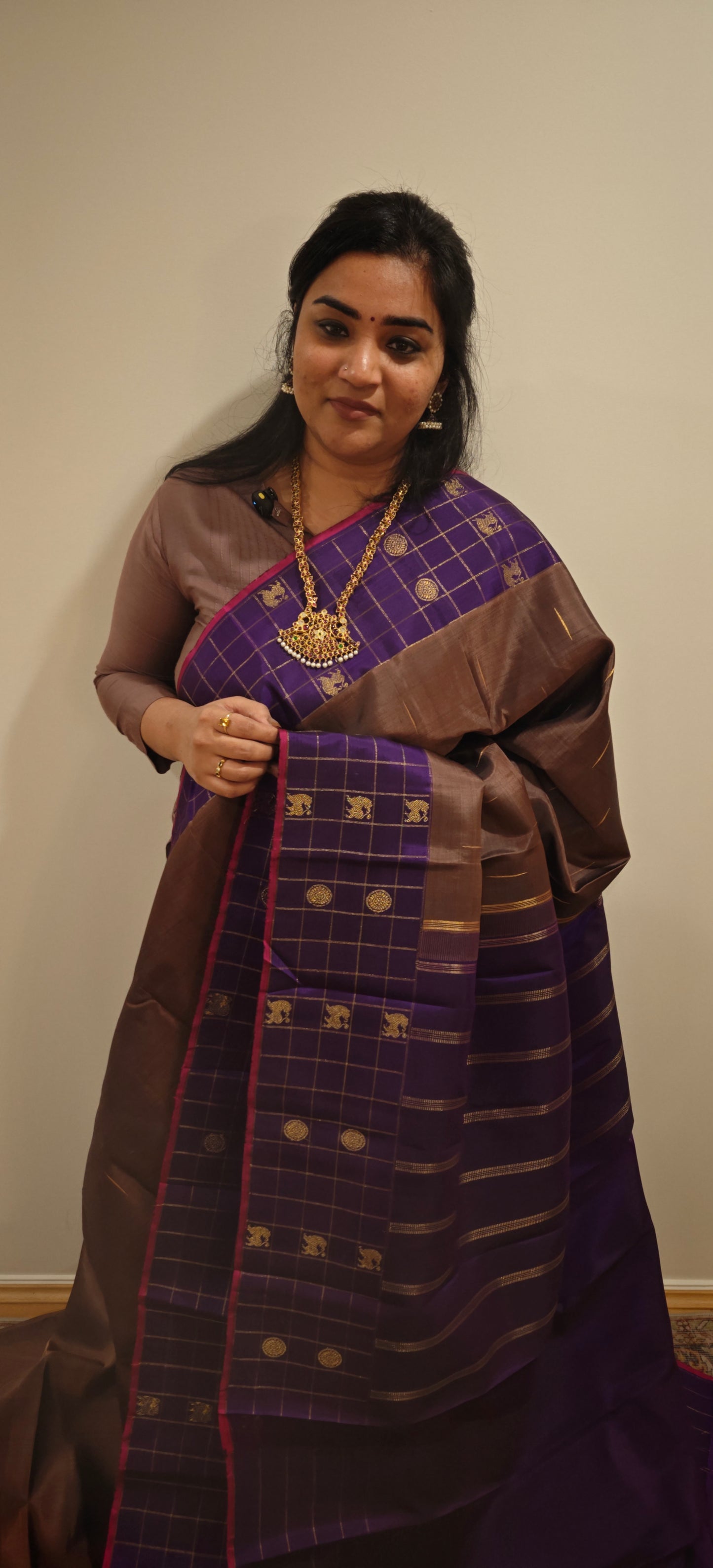 Brown and Violet kanjivaram silk saree