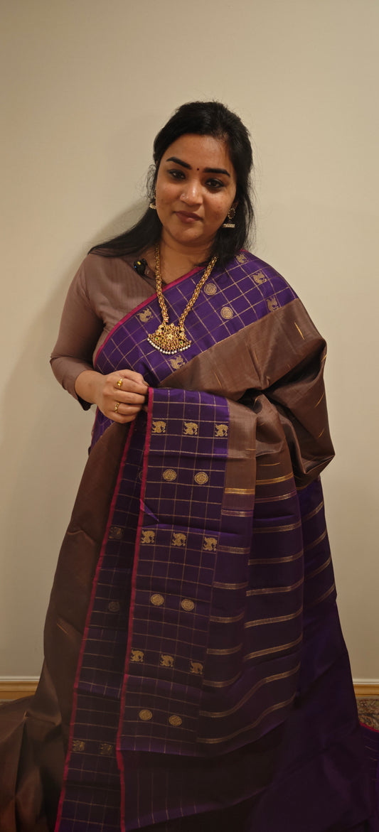 Brown and Violet kanjivaram silk saree