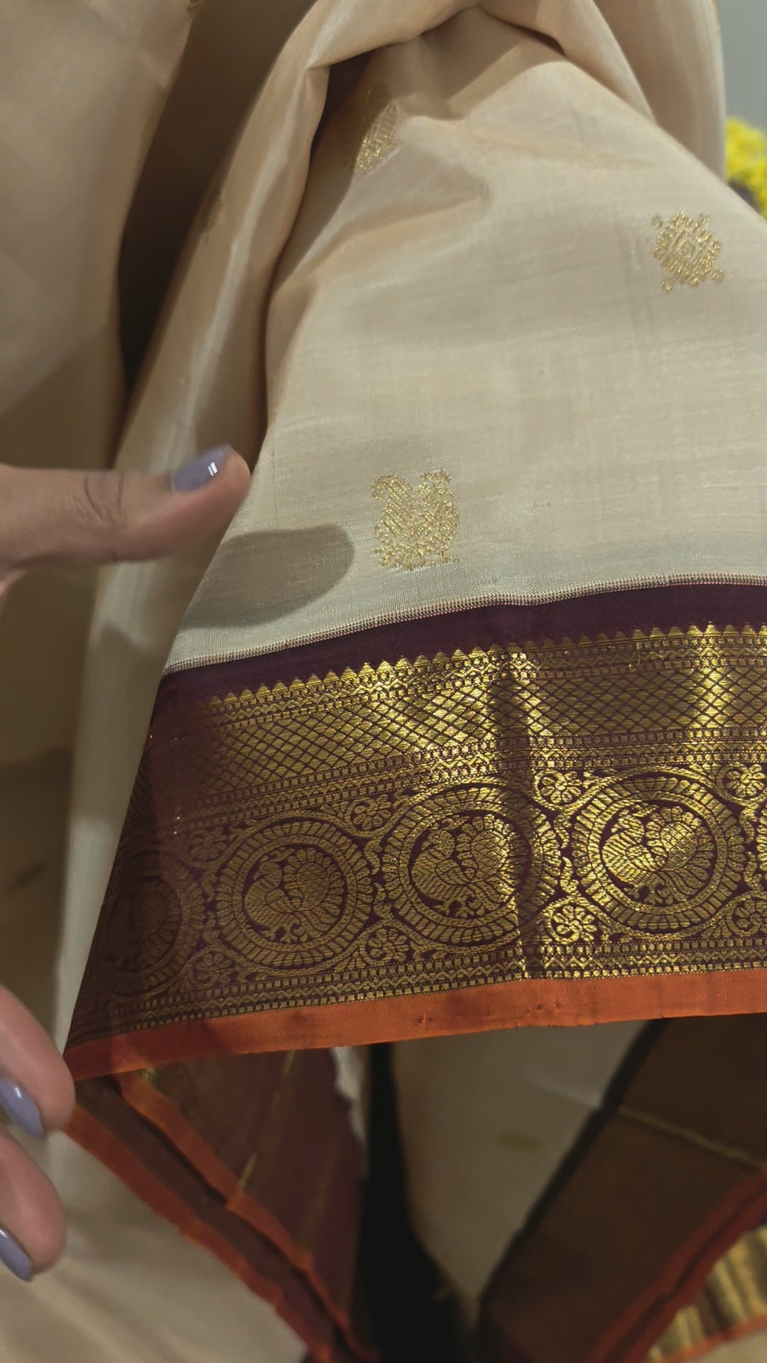 Cream with coffee brown kanjivaram silk saree