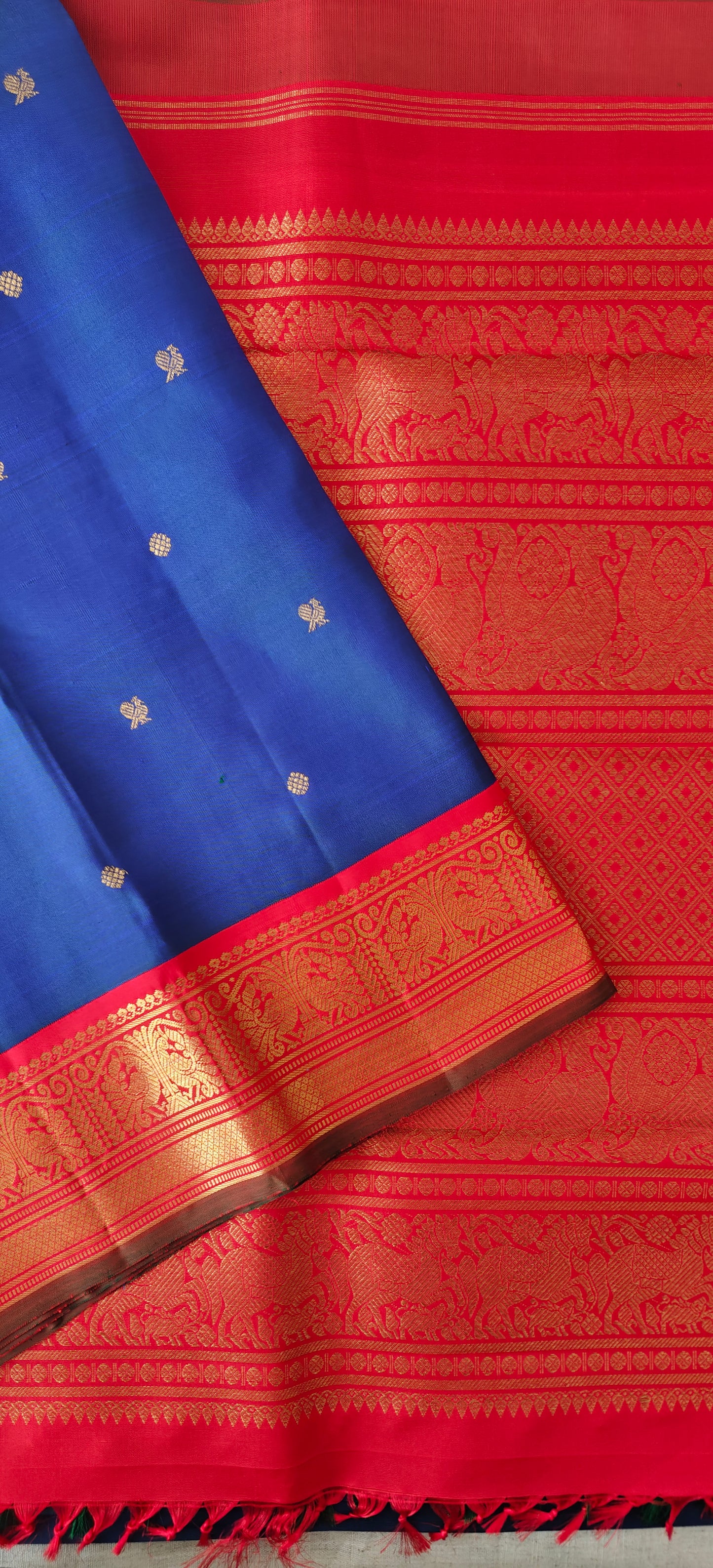 Peacock blue with Red Kanjeevaram silk saree
