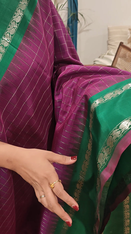Plum Pink and Leaf Green Gadwal Silk Sari