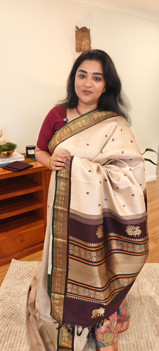Pre-Order - Cream and Coffee Korvai Kanjivaram Silk Sari (50 % payment)