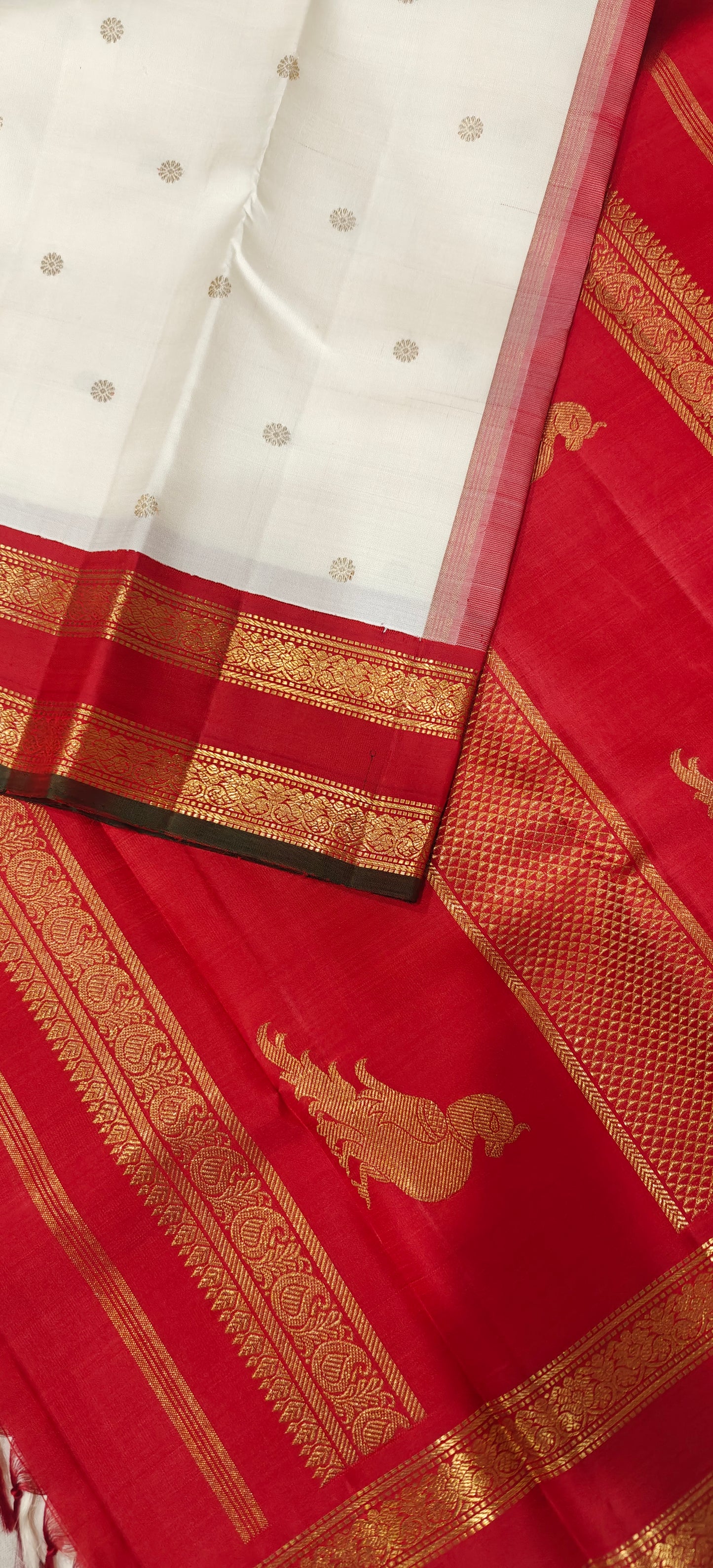 Off White and Red Kanjivaram silk saree