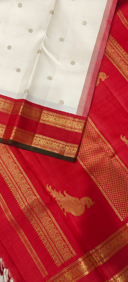 Off White and Red Kanjivaram silk saree