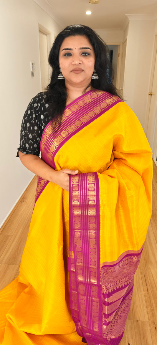 Mango Yellow and Violet -Kanjivaram  Silk Cotton Sari