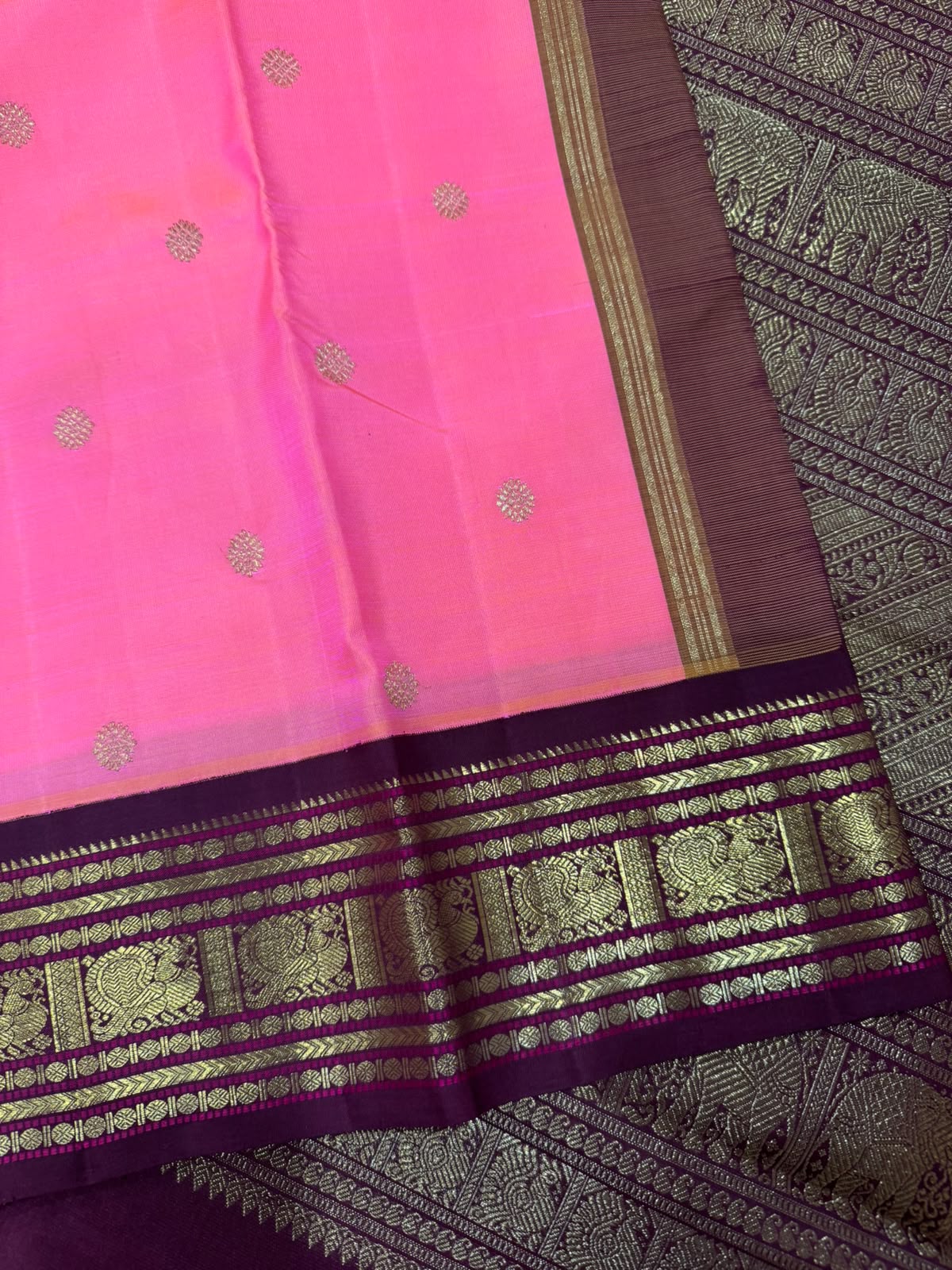 Bright pink and maroon kanjivaram silk saree