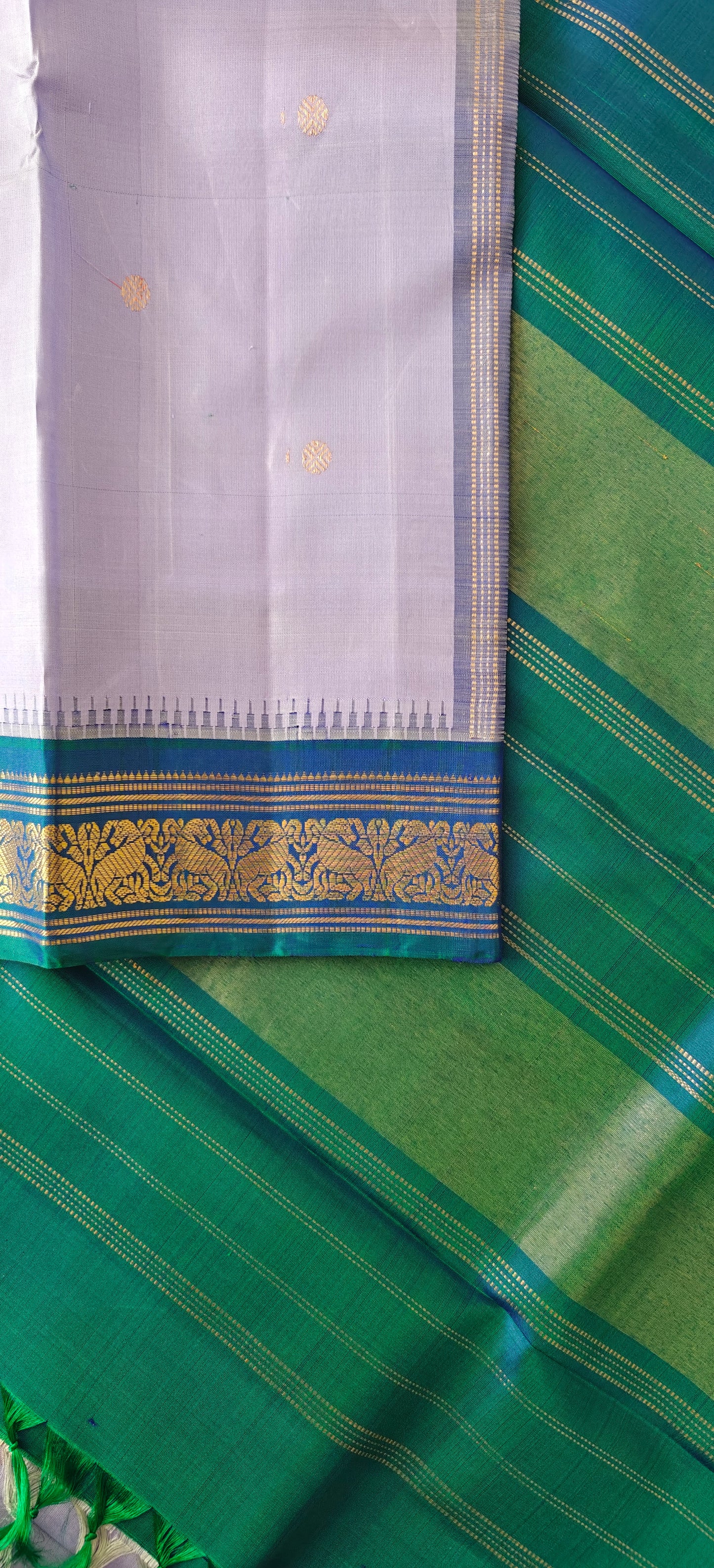 Lavender and peacock blue kanjivaram silk saree