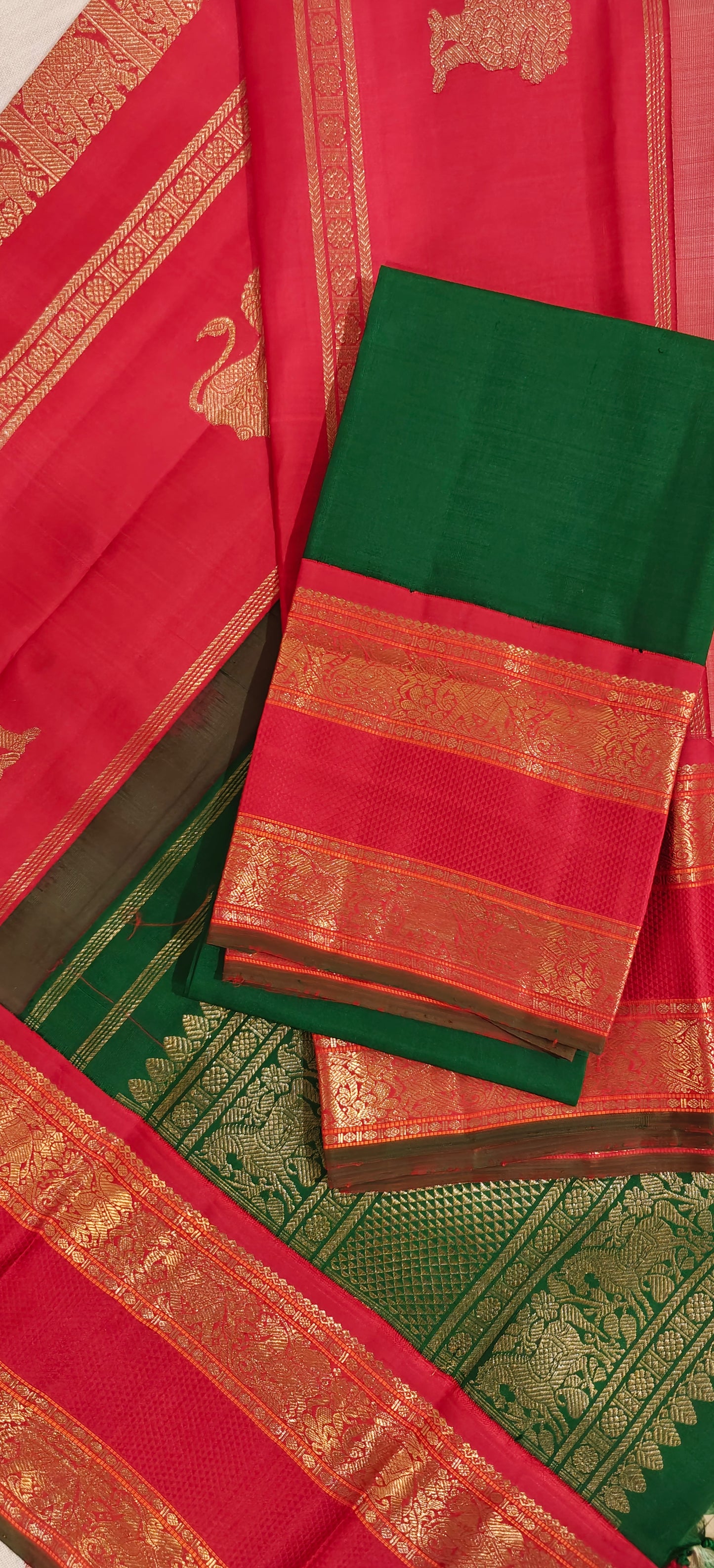 Cream with green and red kanjivaram silk saree