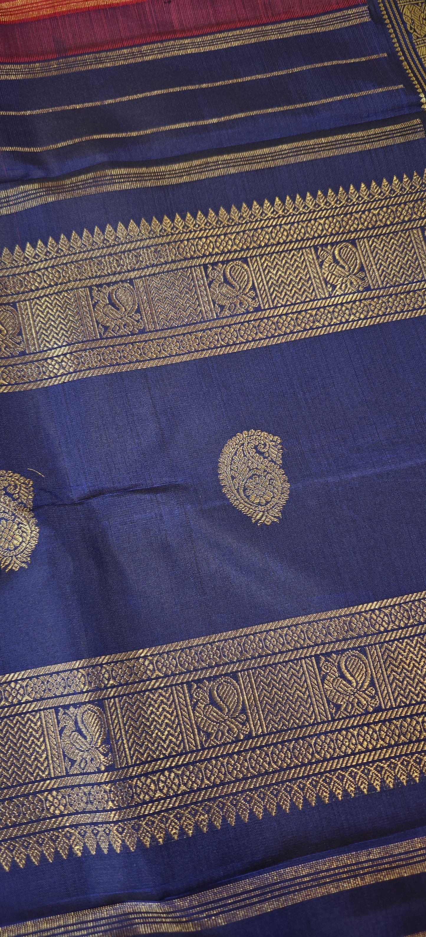 Ruby Maroon and Sapphire Blue Handwoven Kanjivaram Silk Sari
