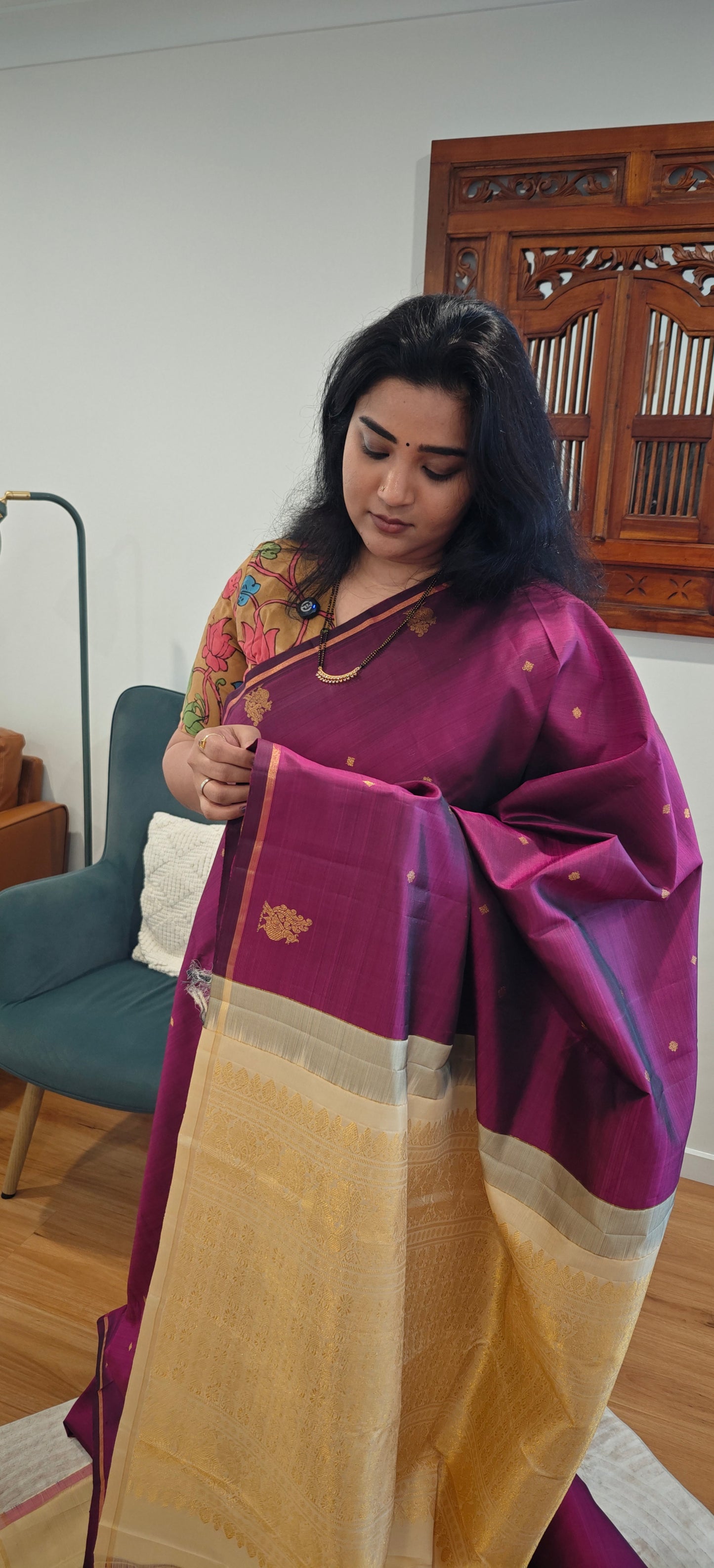 Wine and Cream kanjivaram silk sari