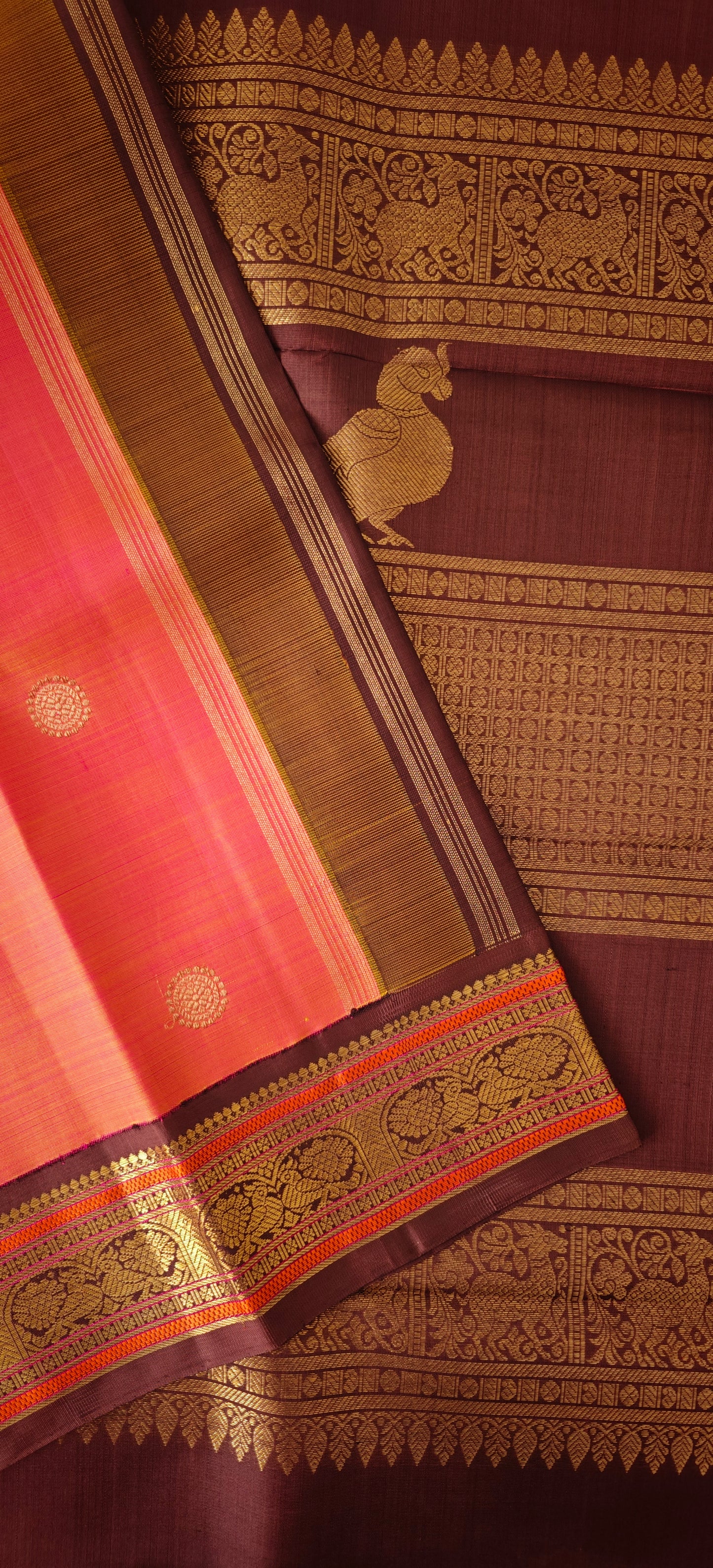 Peach and Pink With Brown Kanjivaram Saree | 3-gram Zari