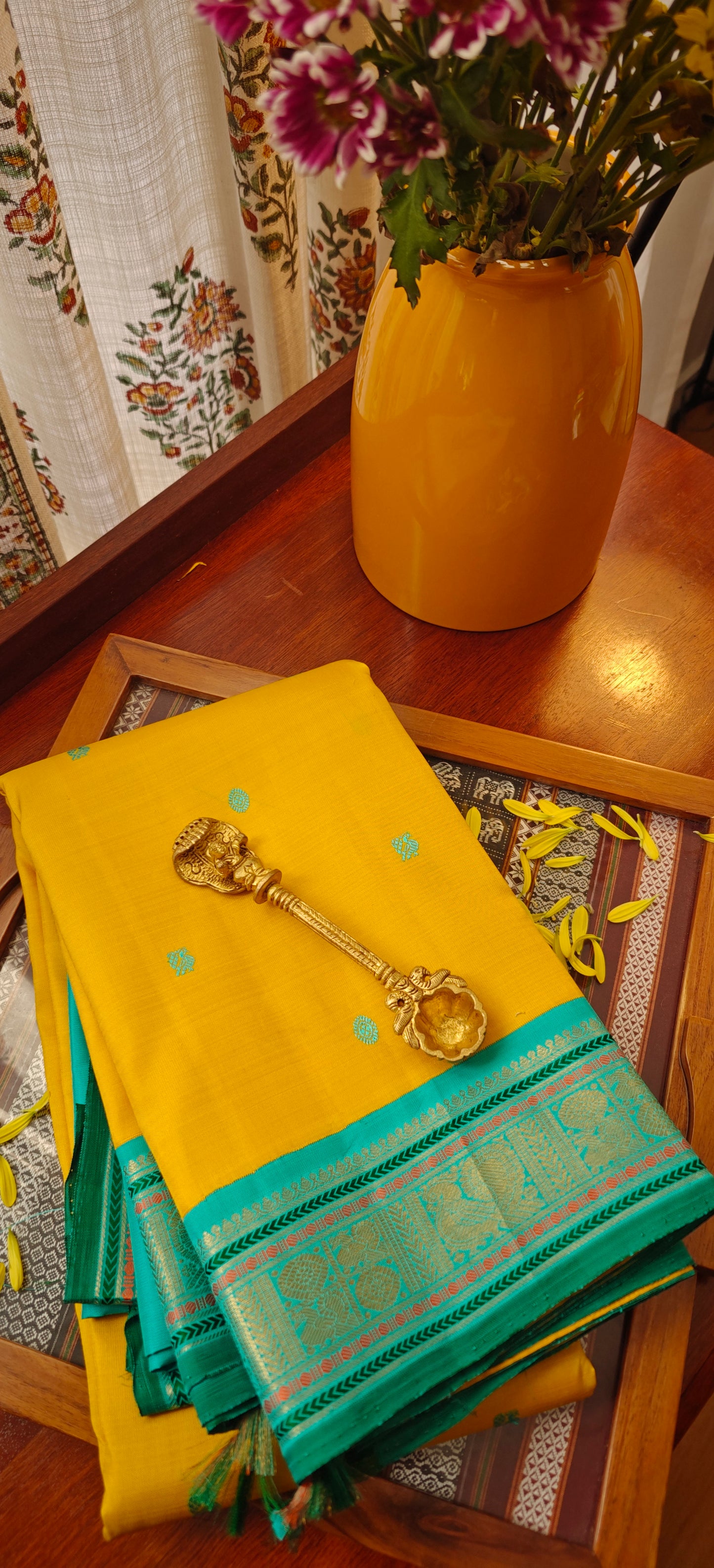 Yellow and Teal blue kanjivaram silk saree