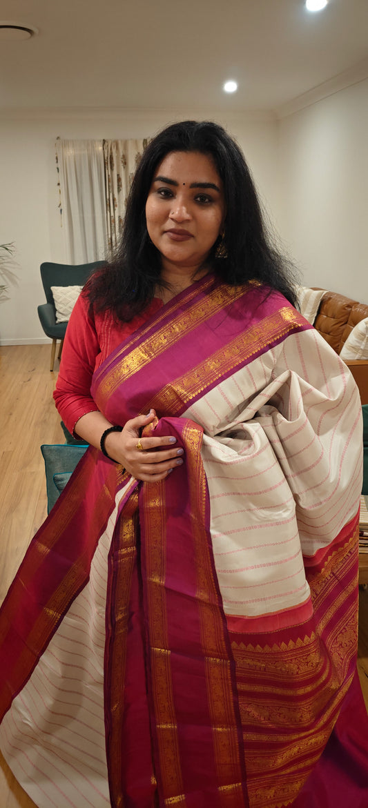 Cream with Magenta pink kanjivaram silk saree