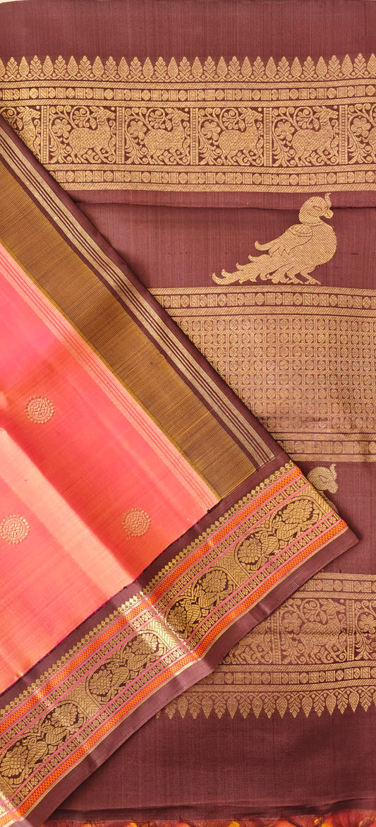 Peach and Pink With Brown Kanjivaram Saree | 3-gram Zari