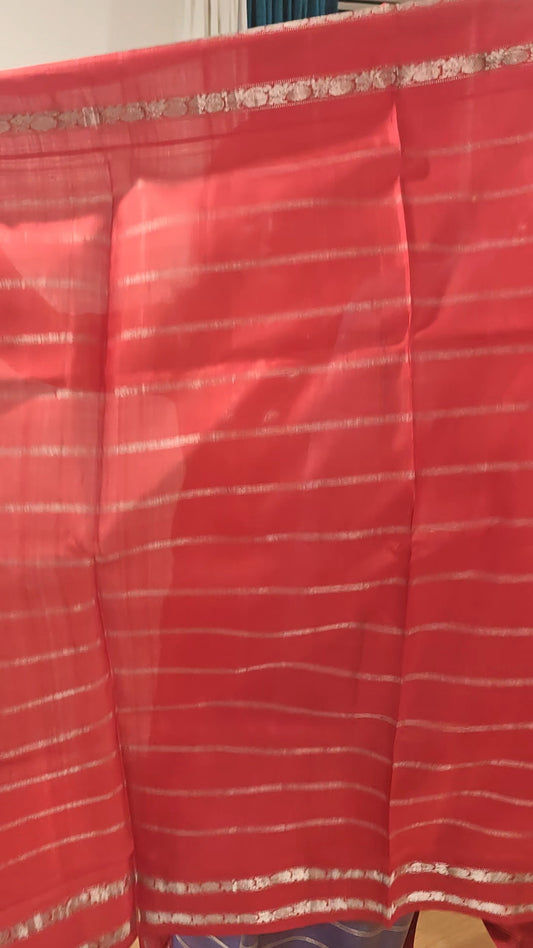 Lavender  and Red Gadwal Silk Sari