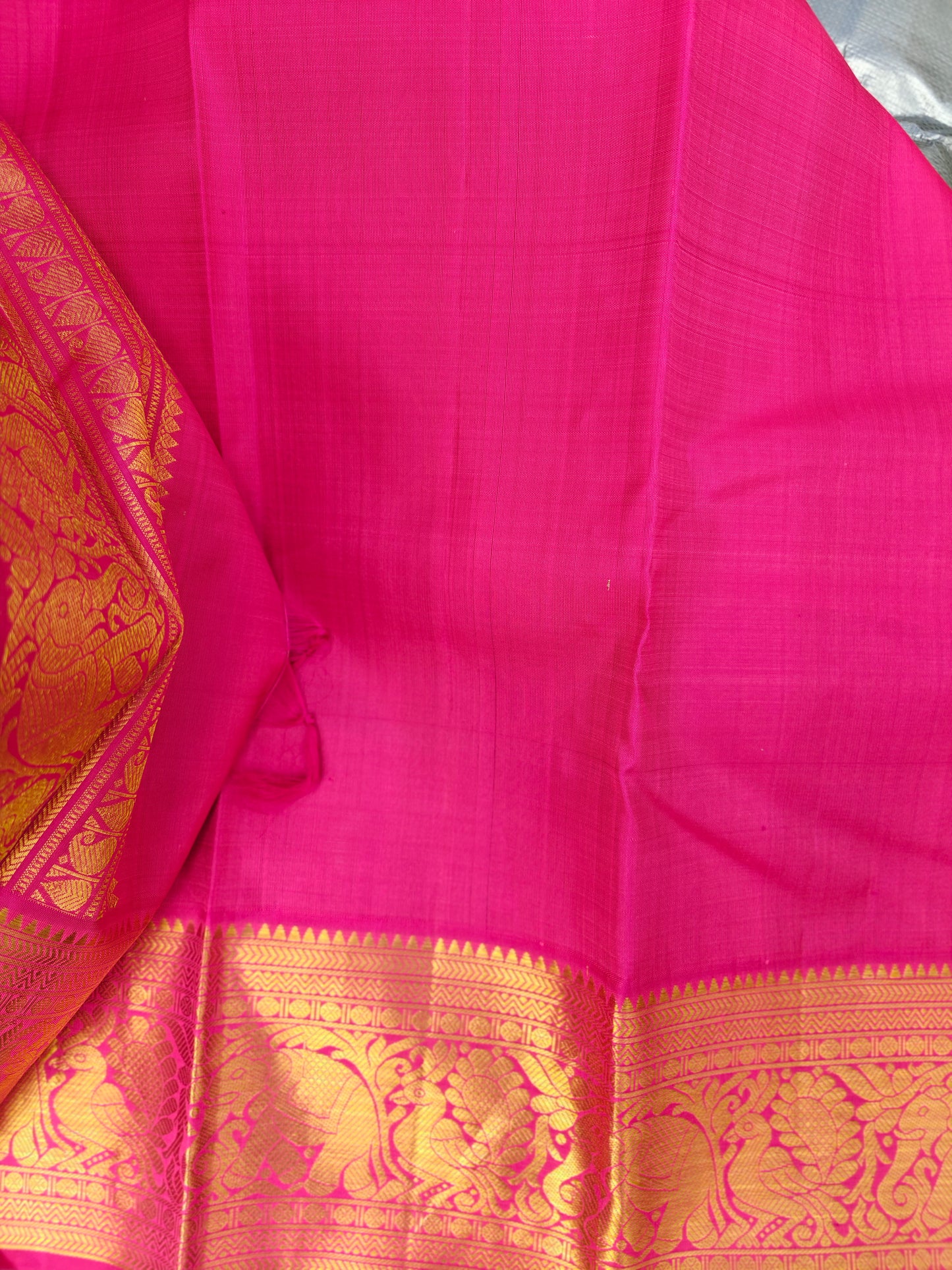 Emerald Green and Rose Pink korvai -Kanjivaram Silk Saree