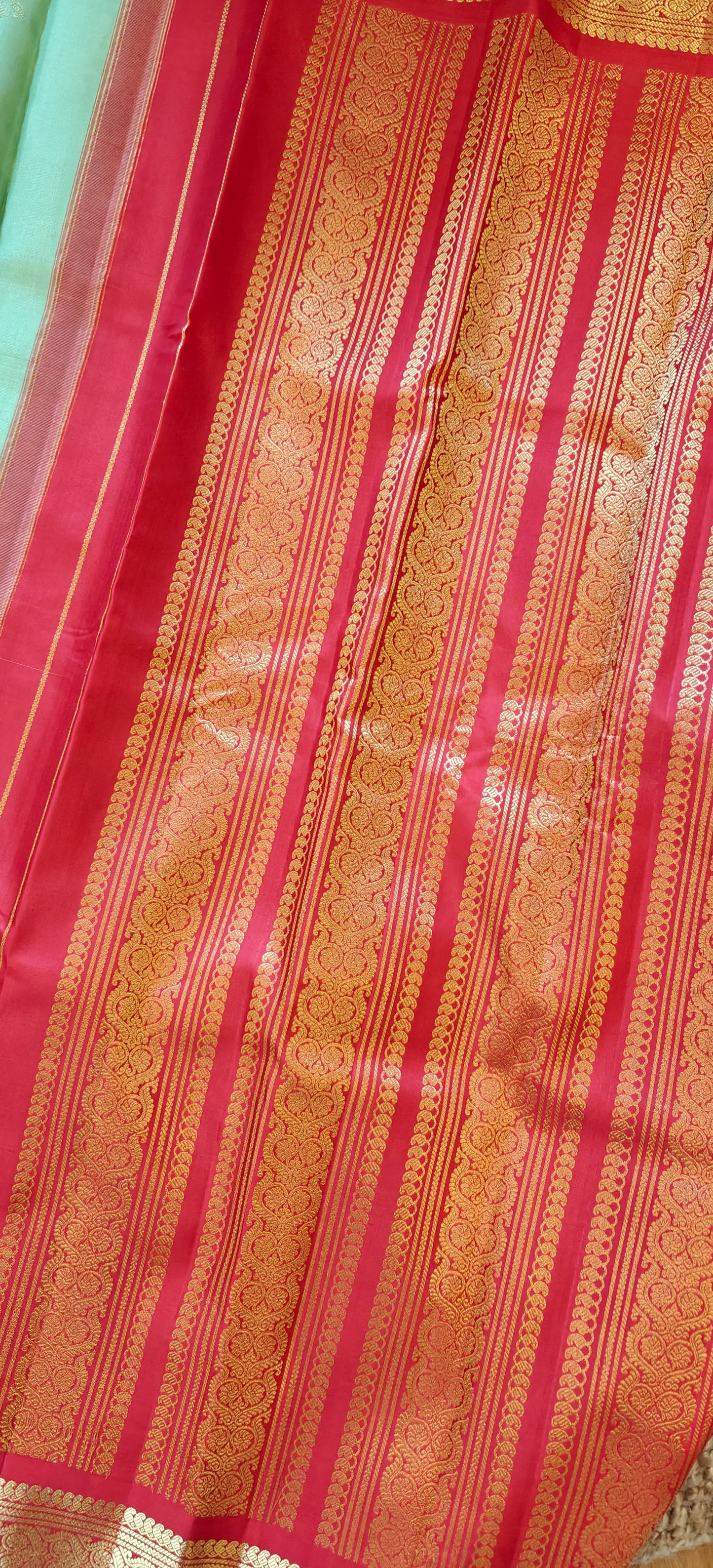 Pista Green and Red Handwoven Gadwal Silk Sari