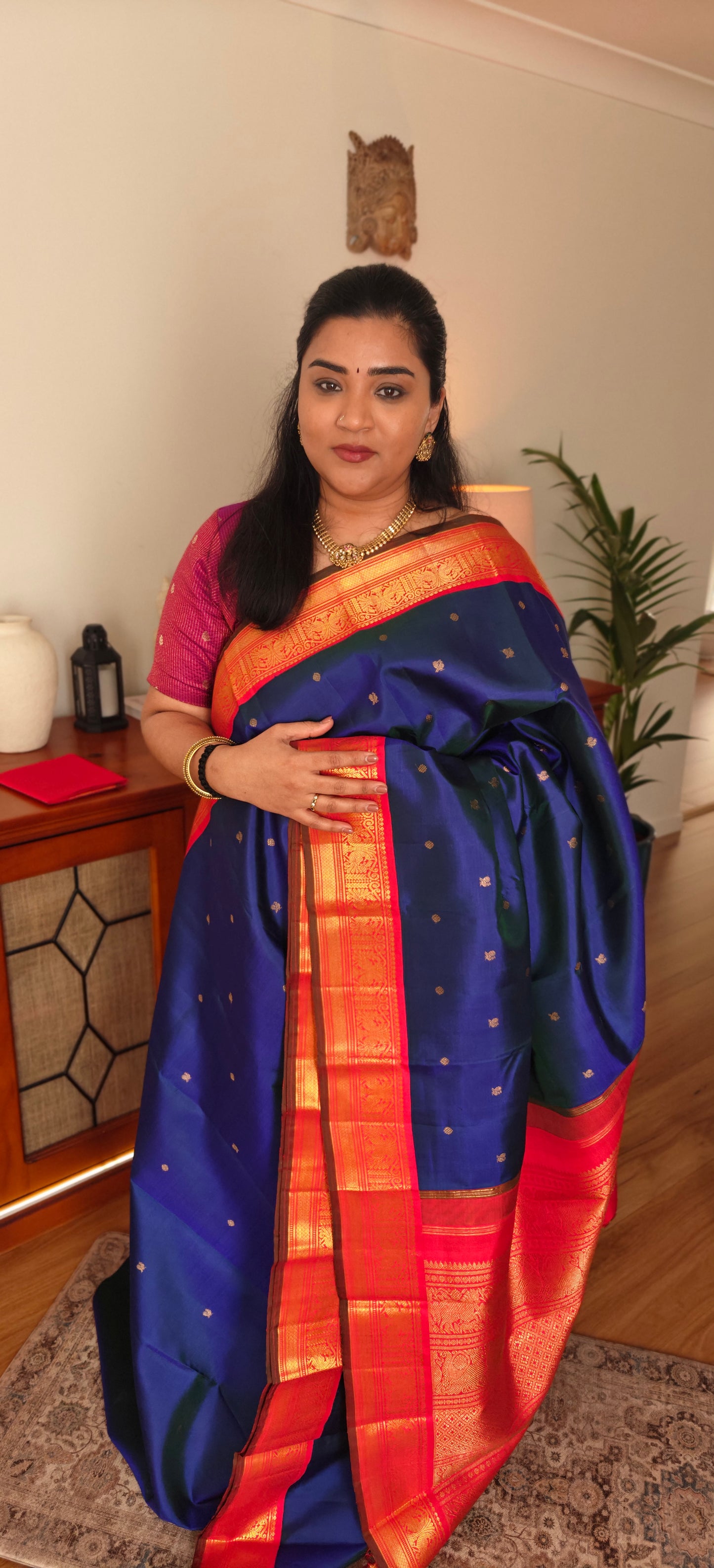 Peacock blue with Red Kanjeevaram silk saree